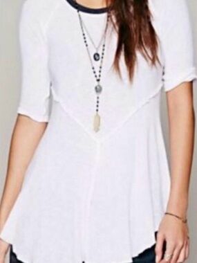 Free People Intimately Raw Hem Tunic Top White Charcoal Trim Swing S M